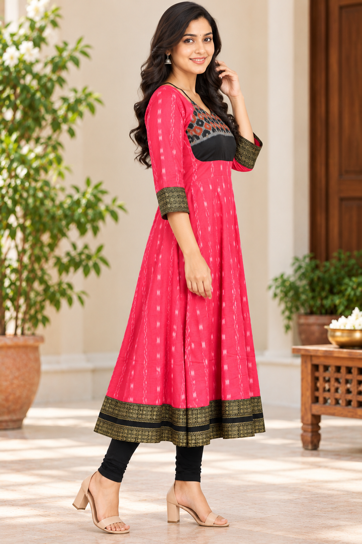 Women’s Pink Sambalpuri Ikat Anarkali Kurti with Black and Antique Gold Border