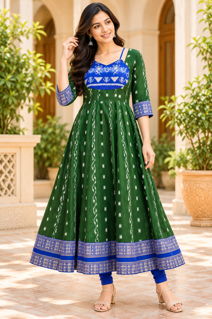 Women’s Emerald Green Sambalpuri-Inspired Ikat Anarkali Kurti with Royal Blue Border