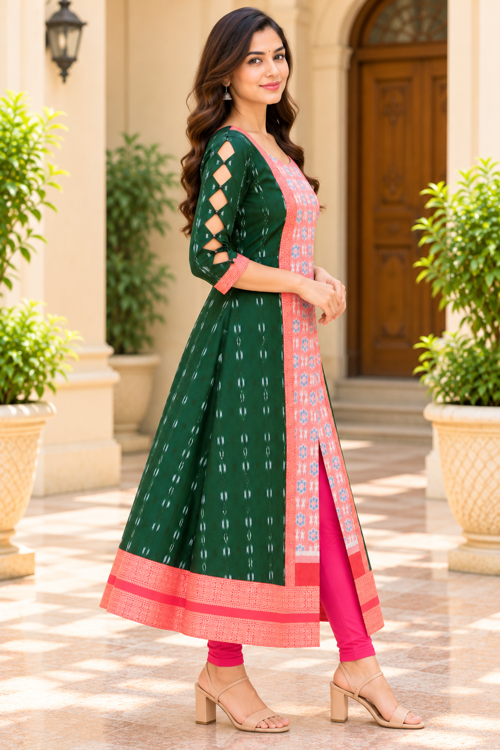 Women’s Emerald Green &amp; Peach Pink Sambalpuri Ikat-Inspired Flared Anarkali with Coral Pink Border