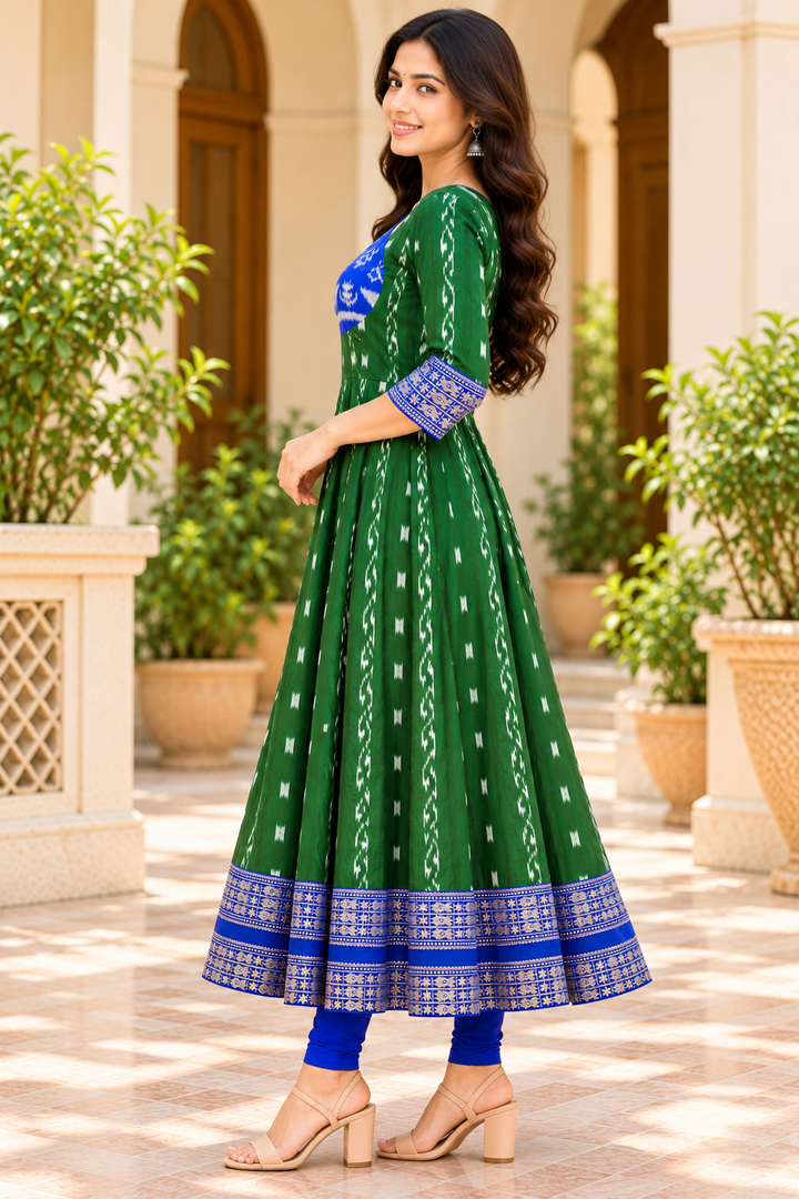 Women’s Emerald Green Sambalpuri-Inspired Ikat Anarkali Kurti with Royal Blue Border
