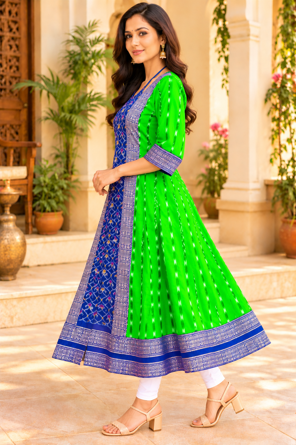 Women’s Sambalpuri Ikat Green Anarkali Kurti with Royal Blue Designer Border