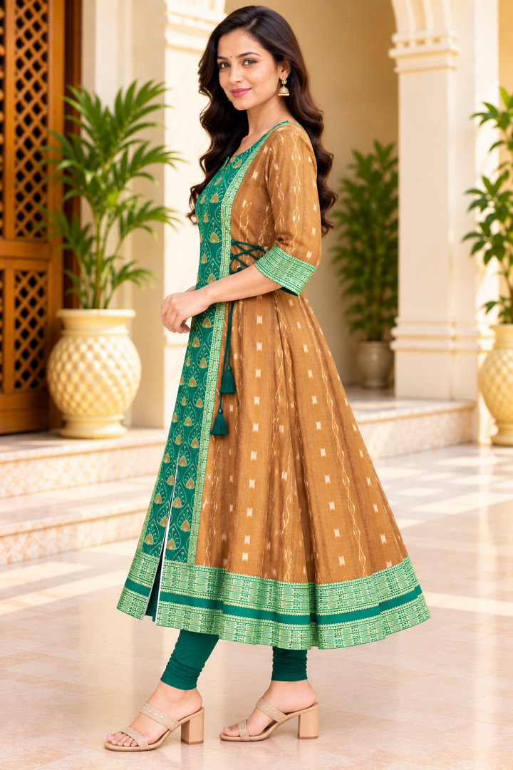 Women’s Brown and Emerald Green Sambalpuri Ikat-Inspired Anarkali Kurti with Traditional Green Border