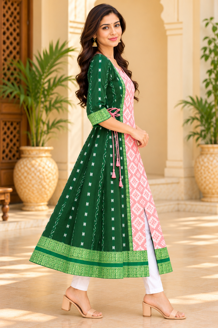Women’s Forest Green Sambalpuri Ikat Anarkali Kurti with Pink Centre Panel