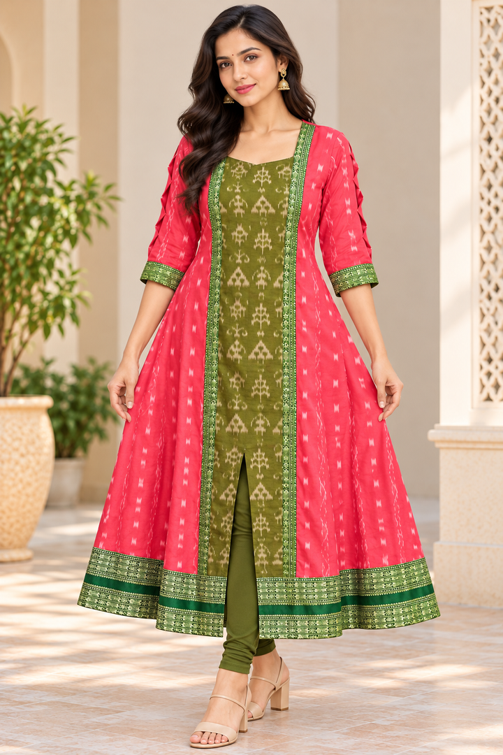 Women’s Coral Pink &amp; Olive Green Sambalpuri-Inspired Designer Anarkali Kurti