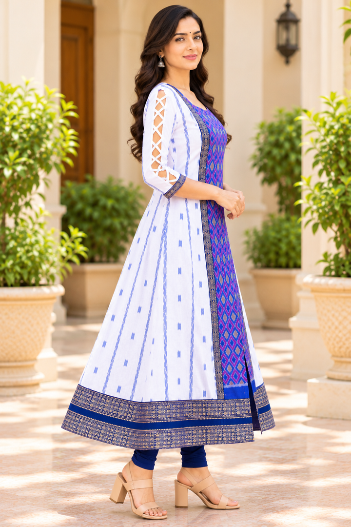 Women’s White & Royal Blue Sambalpuri Ikat-Inspired Flared Anarkali with Traditional Blue-Gold Border