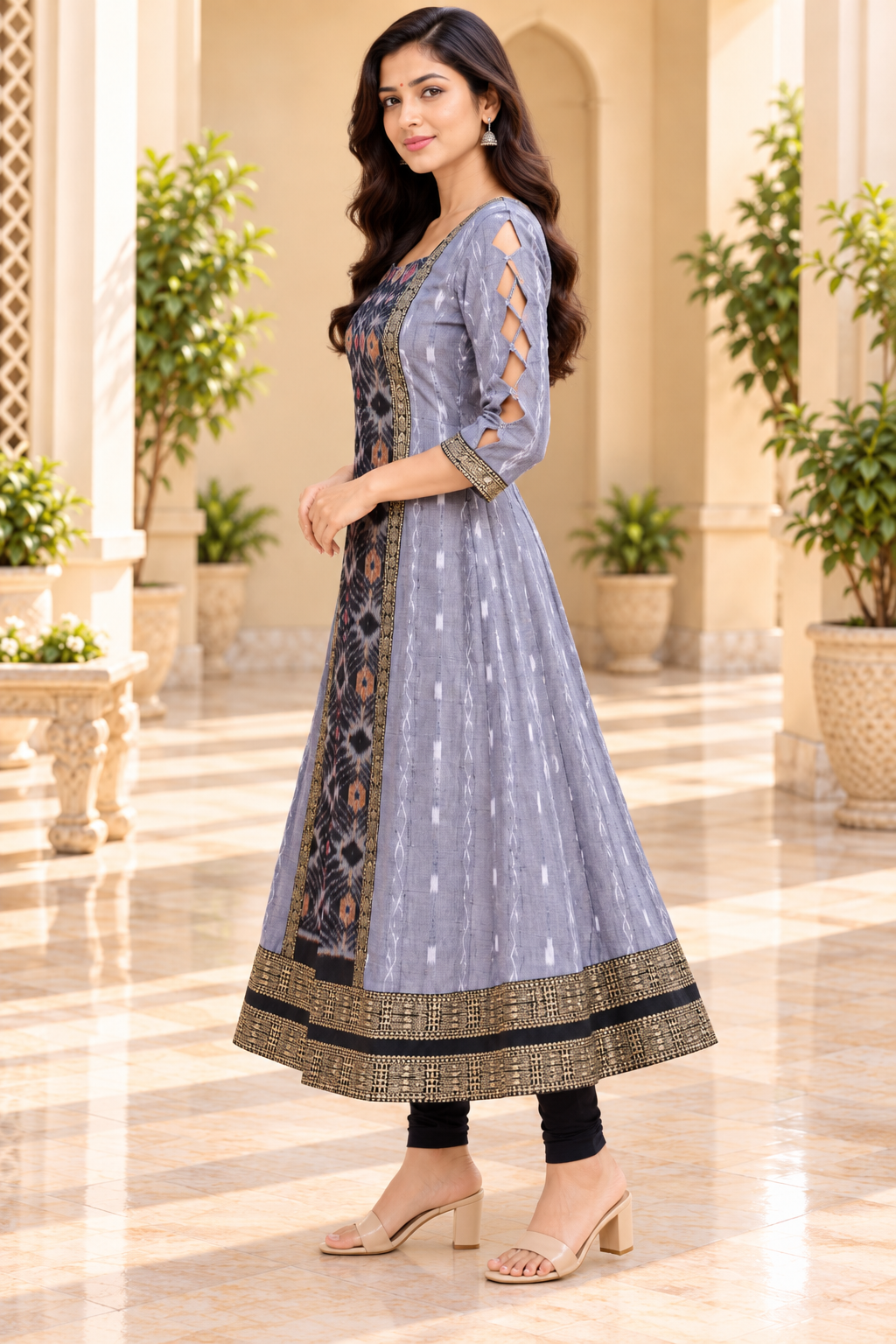 Women’s Slate Grey Sambalpuri Ikat-Inspired Flared Anarkali with Black &amp; Antique Gold Border