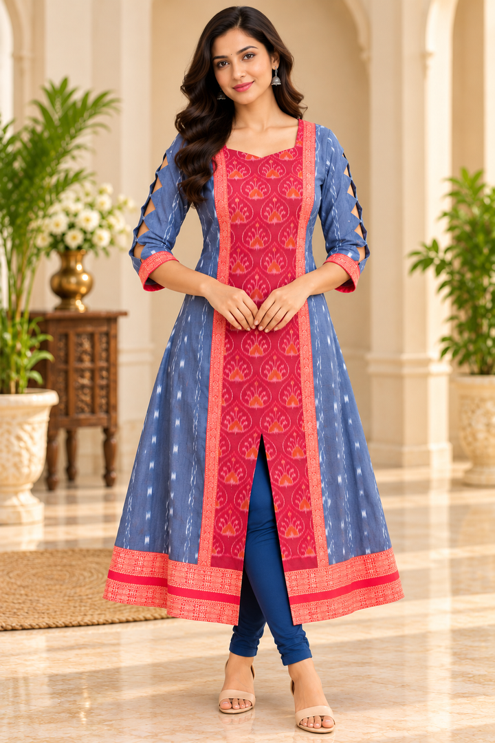 Women’s Royal Blue Sambalpuri Ikat-Inspired Anarkali with Coral Red Border