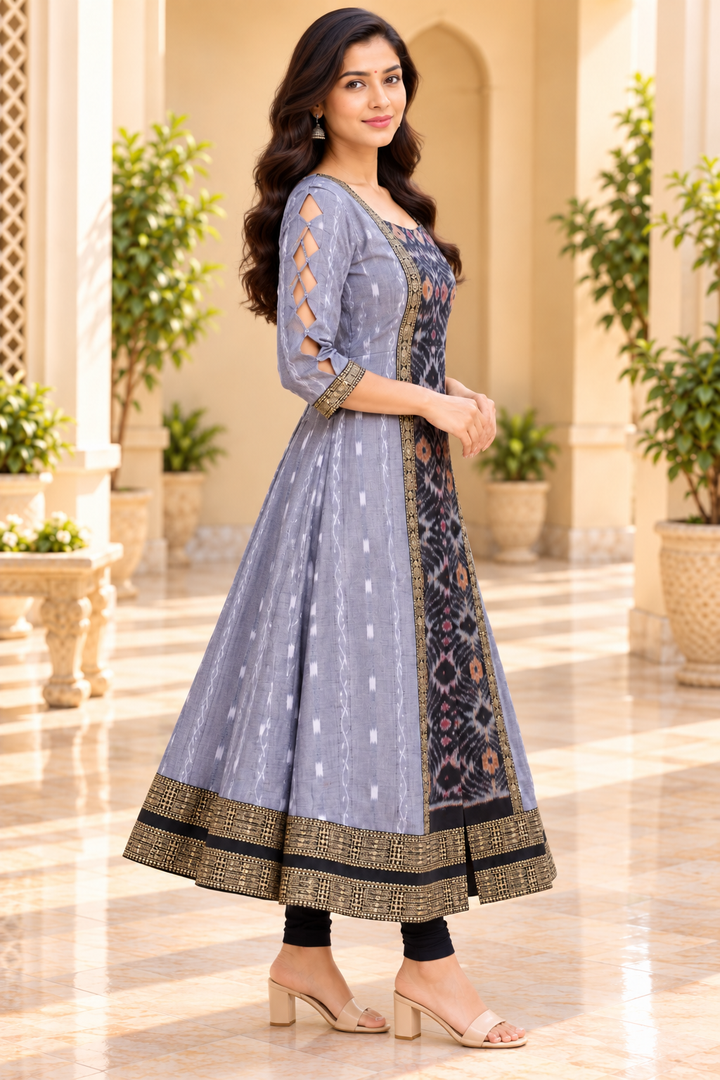 Women’s Slate Grey Sambalpuri Ikat-Inspired Flared Anarkali with Black &amp; Antique Gold Border
