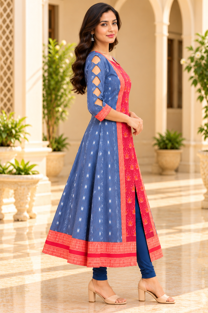 Women’s Royal Blue Sambalpuri Ikat-Inspired Anarkali with Coral Red Border