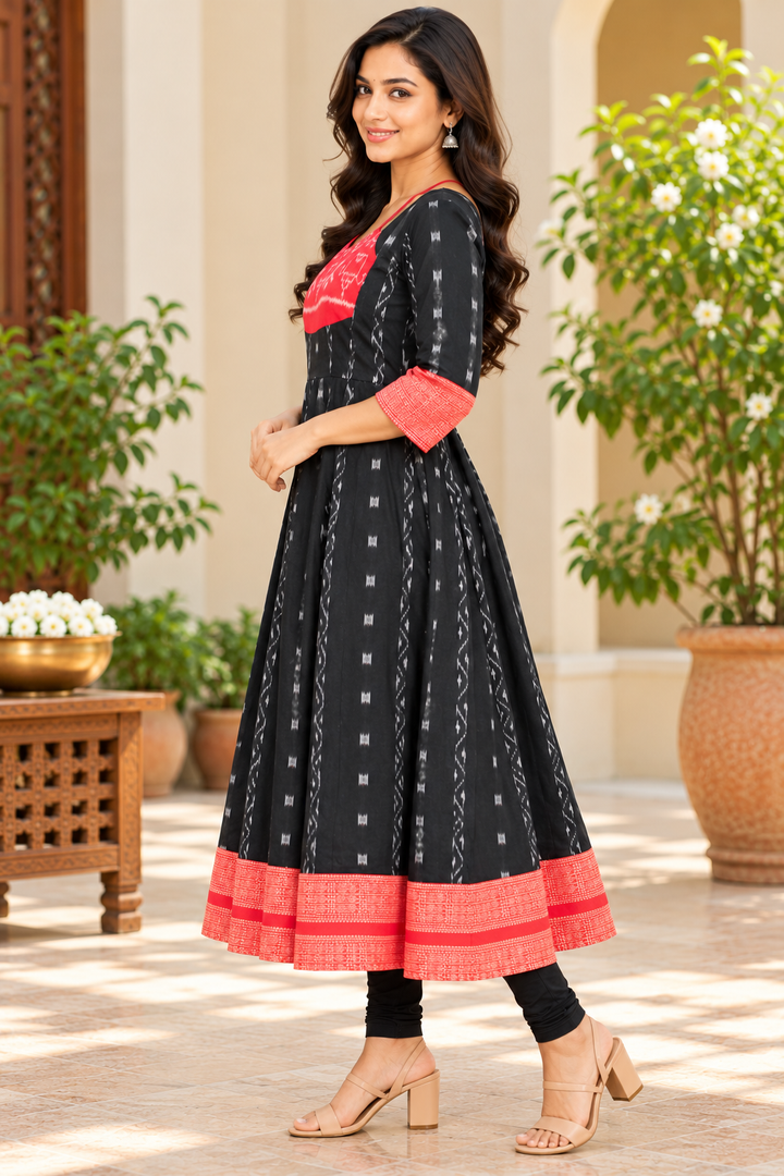 Women’s Black and Red Sambalpuri Ikat Anarkali Kurti with Traditional Red Border