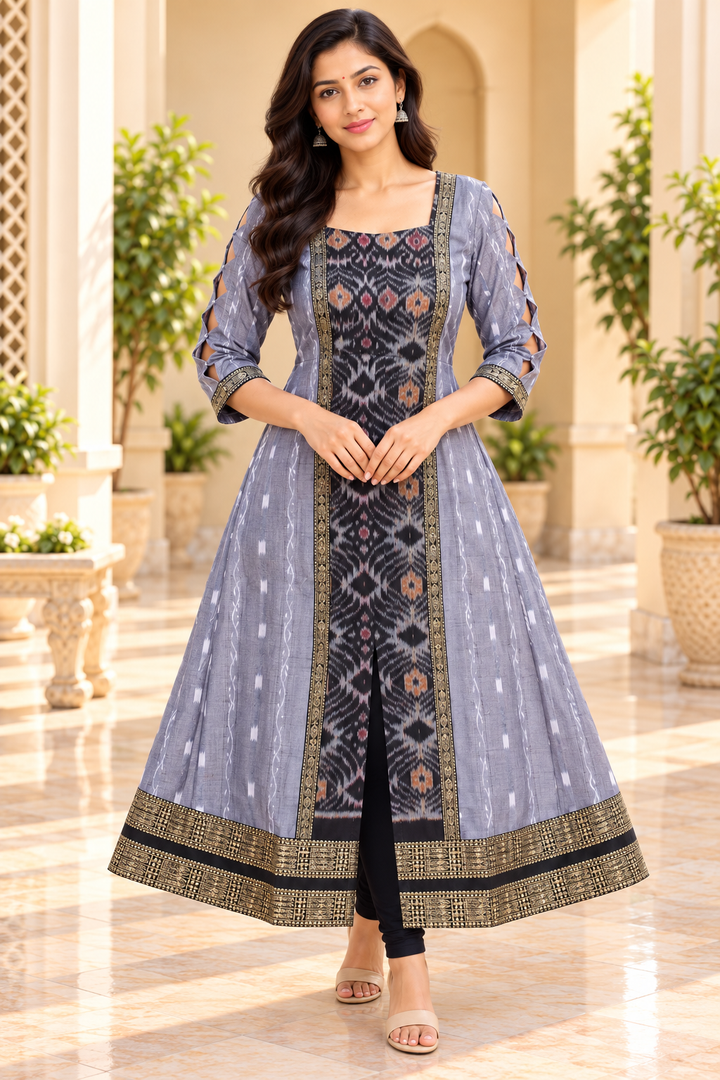 Women’s Slate Grey Sambalpuri Ikat-Inspired Flared Anarkali with Black &amp; Antique Gold Border