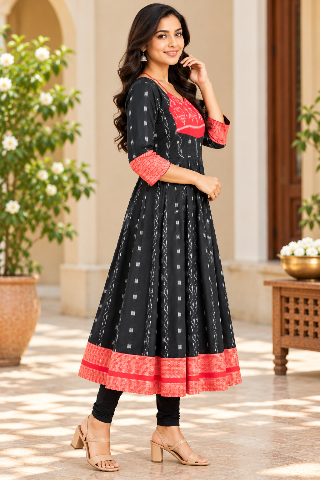 Women’s Black and Red Sambalpuri Ikat Anarkali Kurti with Traditional Red Border