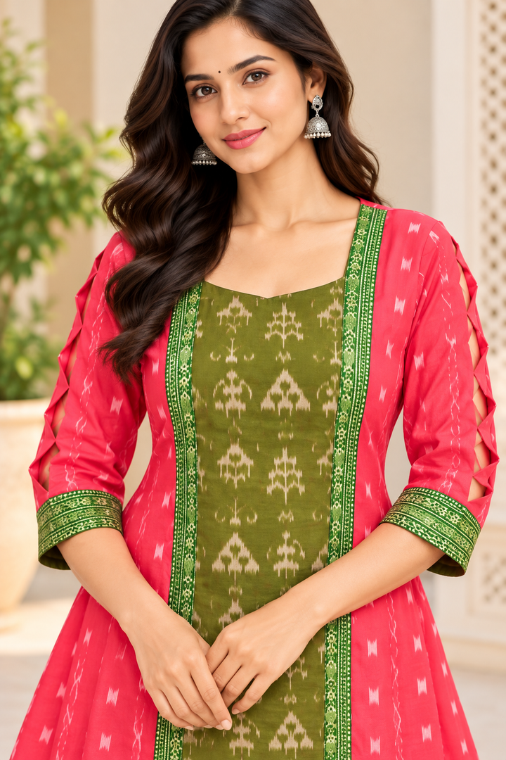 Women’s Coral Pink &amp; Olive Green Sambalpuri-Inspired Designer Anarkali Kurti