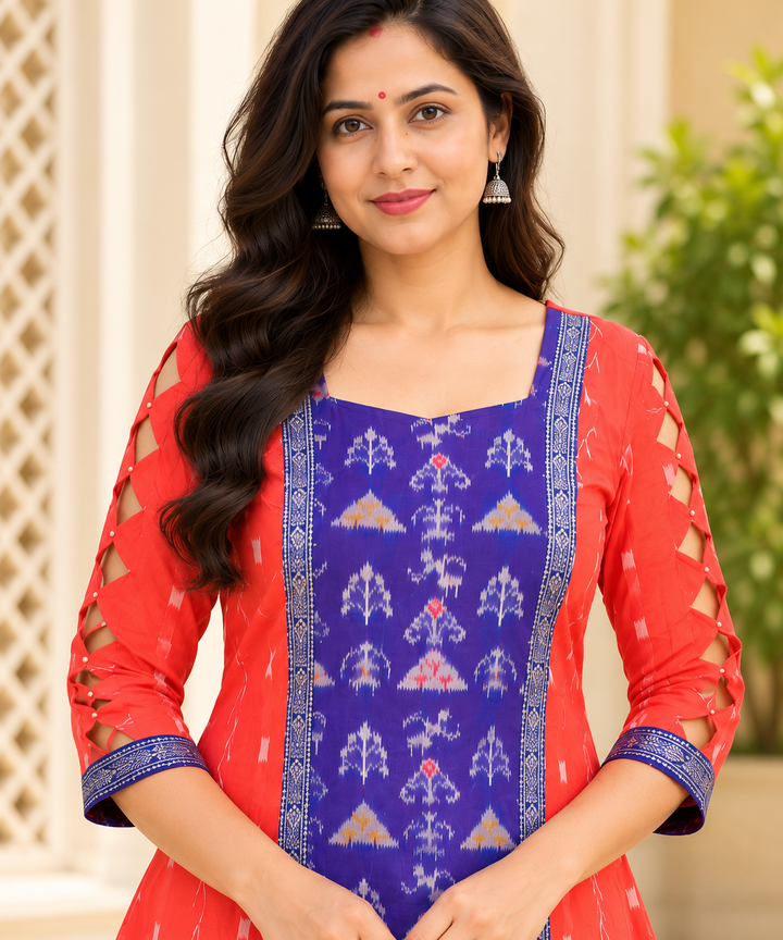 Women’s Coral Red & Royal Blue Sambalpuri-Inspired Designer Anarkali Kurti