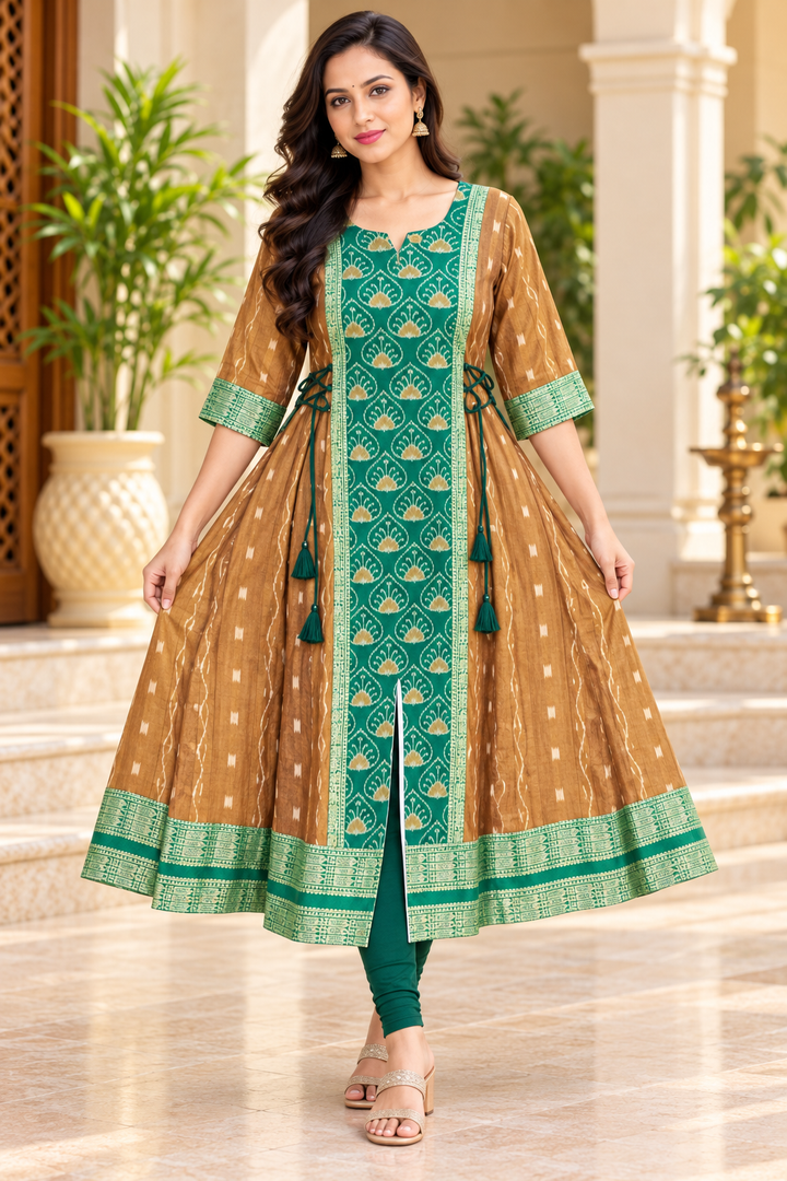 Women’s Brown and Emerald Green Sambalpuri Ikat-Inspired Anarkali Kurti with Traditional Green Border
