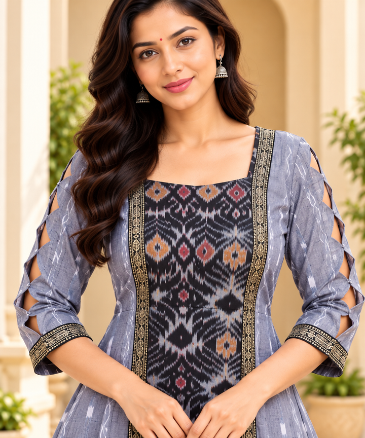 Women’s Slate Grey Sambalpuri Ikat-Inspired Flared Anarkali with Black &amp; Antique Gold Border