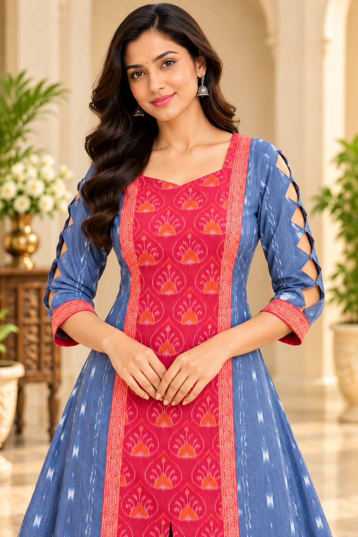 Women’s Royal Blue Sambalpuri Ikat-Inspired Anarkali with Coral Red Border