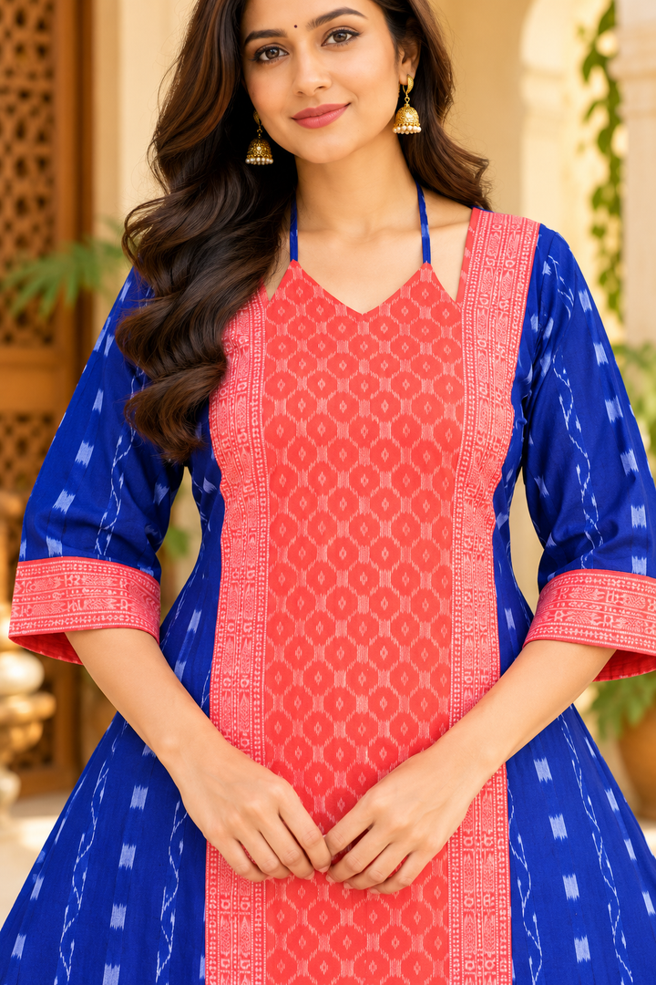 Women’s Royal Blue Sambalpuri Ikat Anarkali Kurti with Coral Pink Border