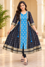 Women's Blue and Black Sambalpuri-Inspired Anarkali Kurti with Gold Border
