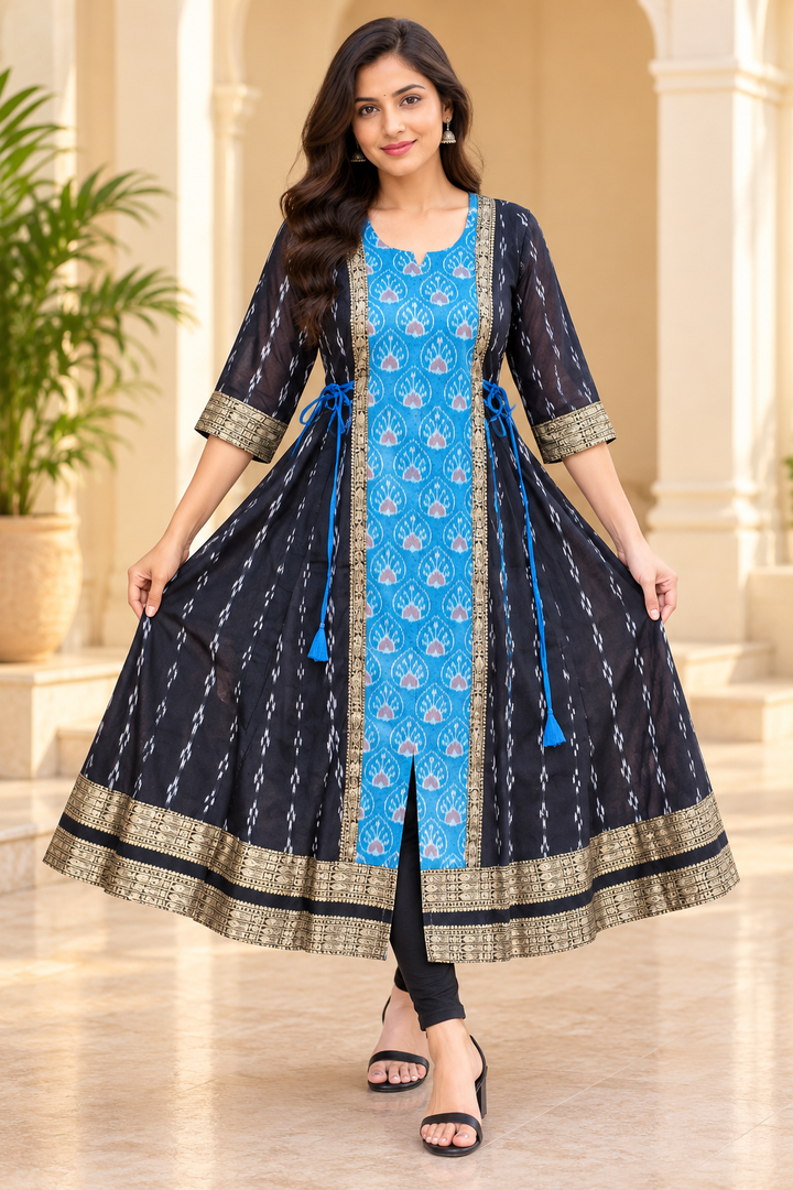 Women's Blue and Black Sambalpuri-Inspired Anarkali Kurti with Gold Border