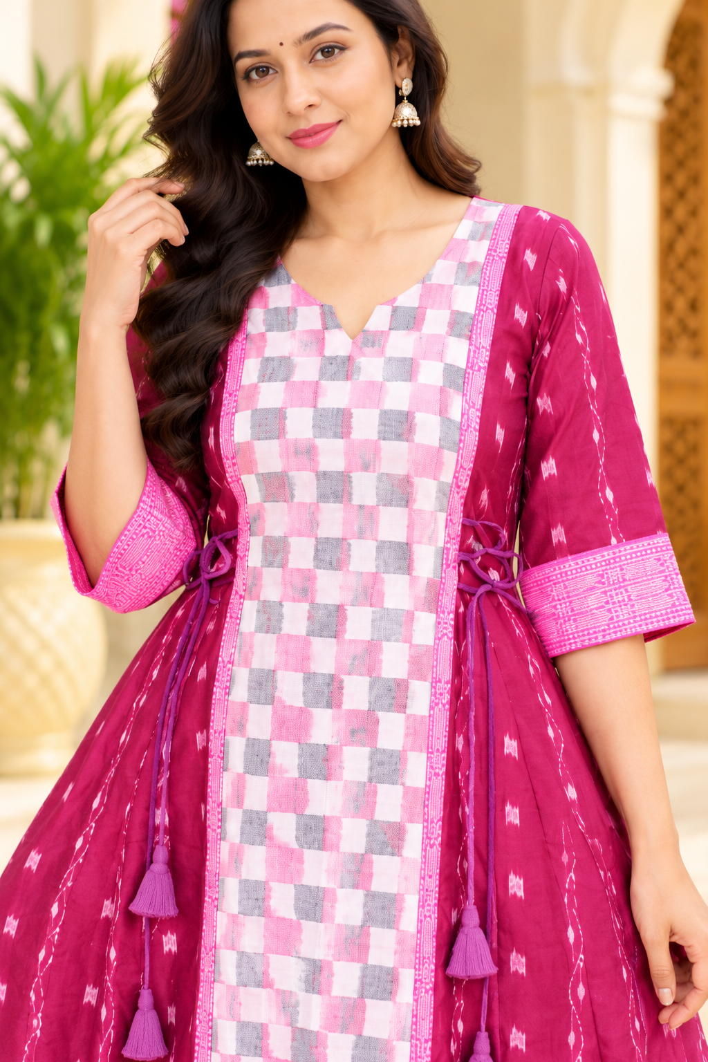 Women’s Magenta Sambalpuri Ikat-Inspired Anarkali Kurti with Pink Checked Panel