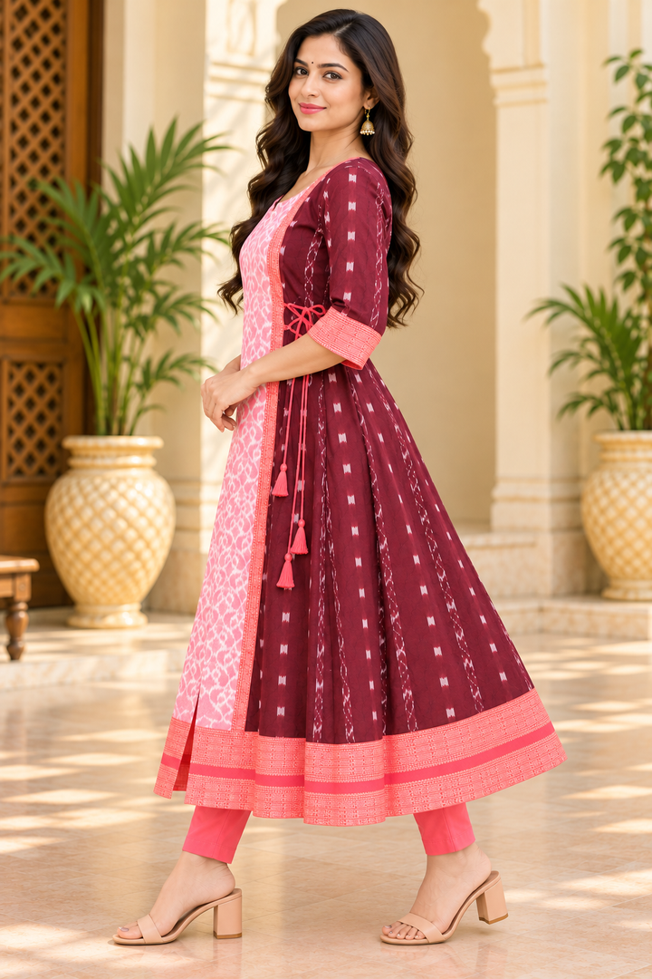 Women’s Maroon Sambalpuri Ikat Anarkali Kurti with Pink Centre Panel