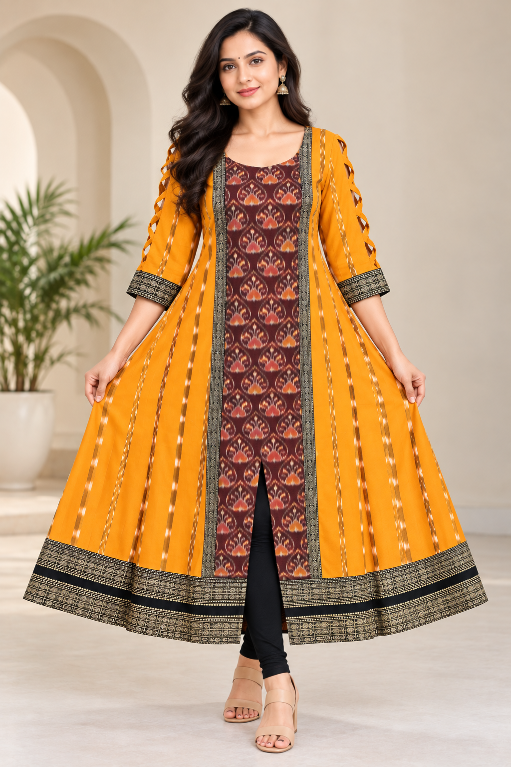 Women’s Mustard Yellow &amp; Maroon Sambalpuri-Inspired Designer Anarkali Kurti