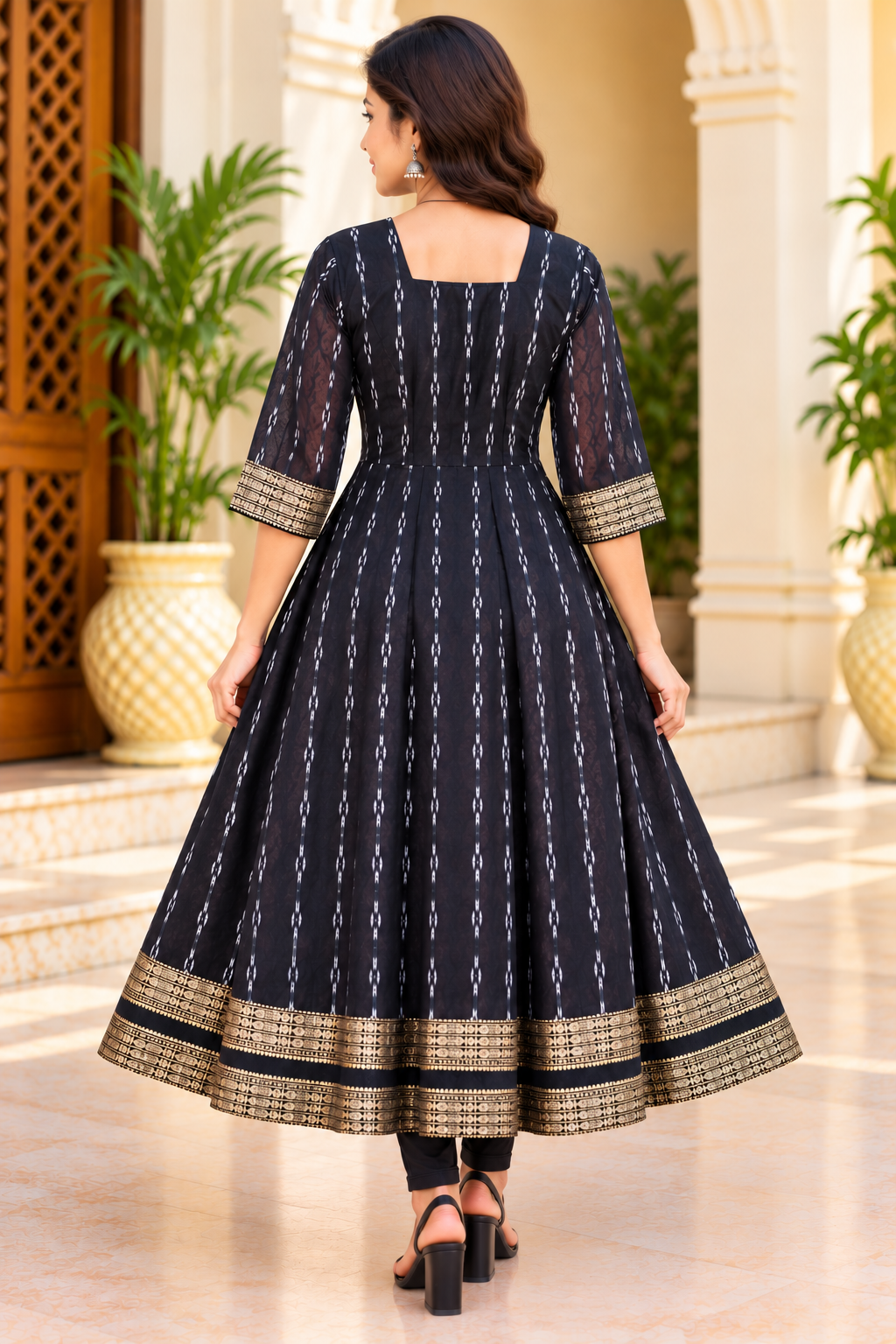 Women's Blue and Black Sambalpuri-Inspired Anarkali Kurti with Gold Border