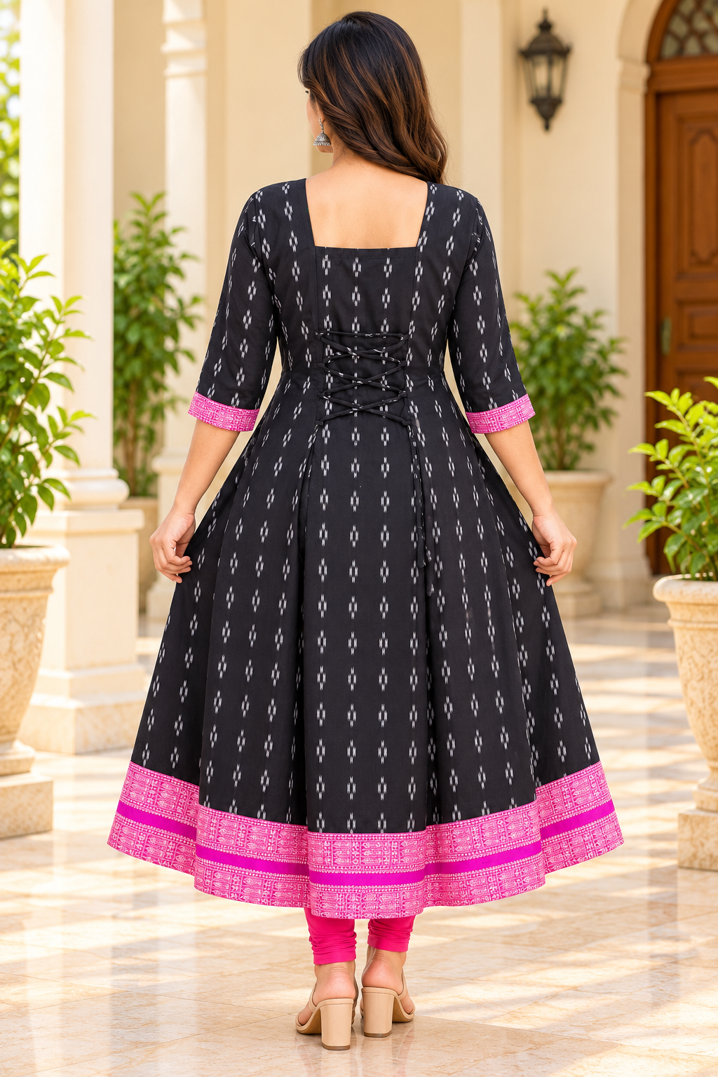 Women’s Black & Fuchsia Pink Sambalpuri Ikat-Inspired Flared Anarkali Kurti with Traditional Pink Border