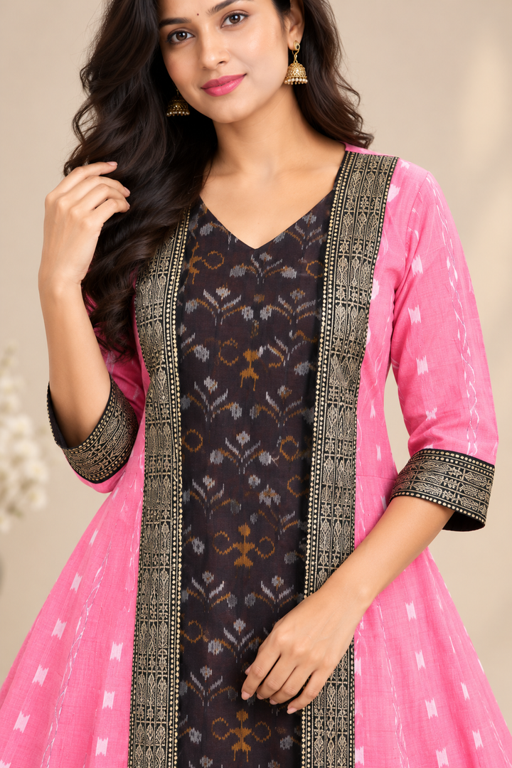 Women’s Pink Sambalpuri Ikat Flared Anarkali Kurti with Black Gold Border