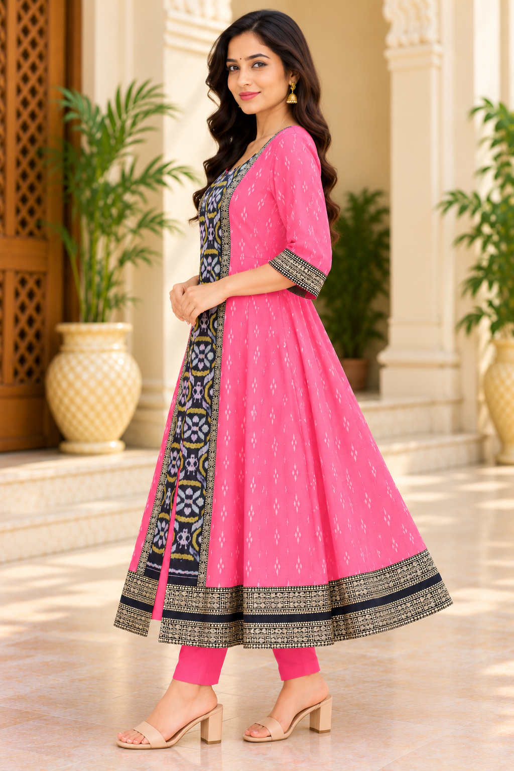 Women’s Pink Sambalpuri Ikat Anarkali Kurti with Black and Gold Traditional Border