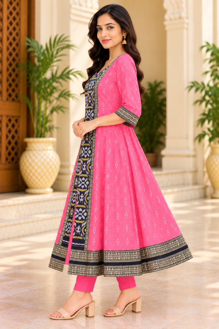 Women’s Pink Sambalpuri Ikat Anarkali Kurti with Black and Gold Traditional Border