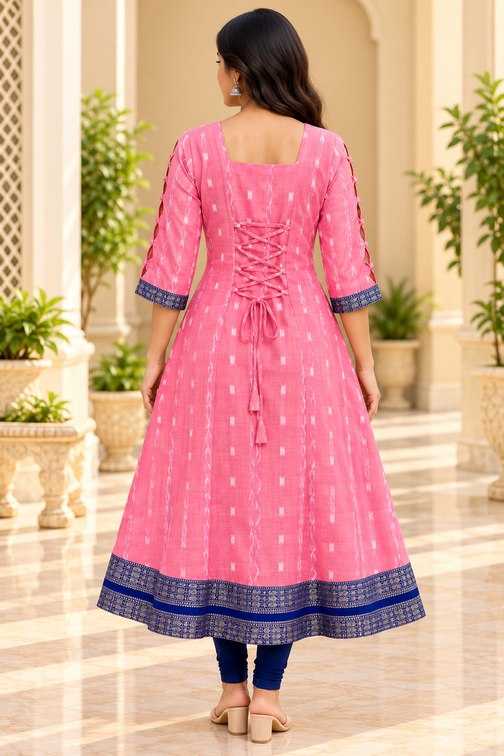 Women’s Pink Sambalpuri Ikat-Inspired Flared Anarkali with Royal Blue Border