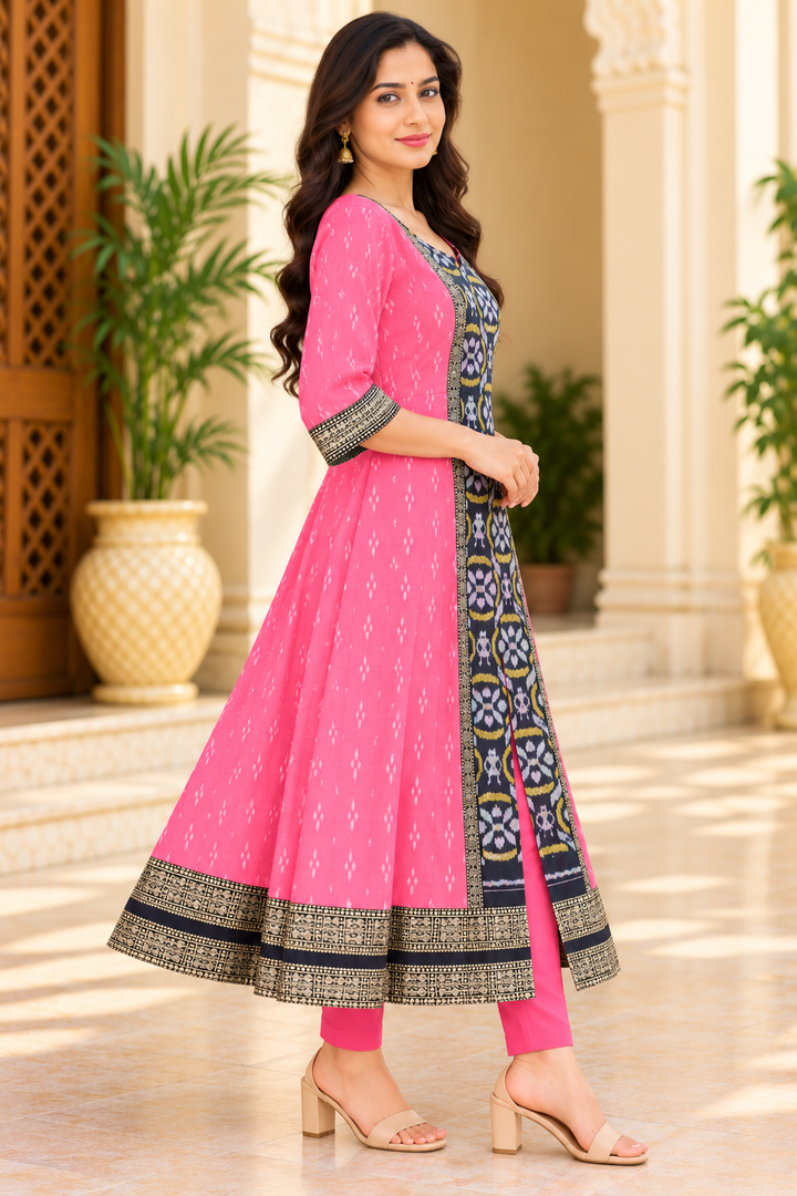 Women’s Pink Sambalpuri Ikat Anarkali Kurti with Black and Gold Traditional Border