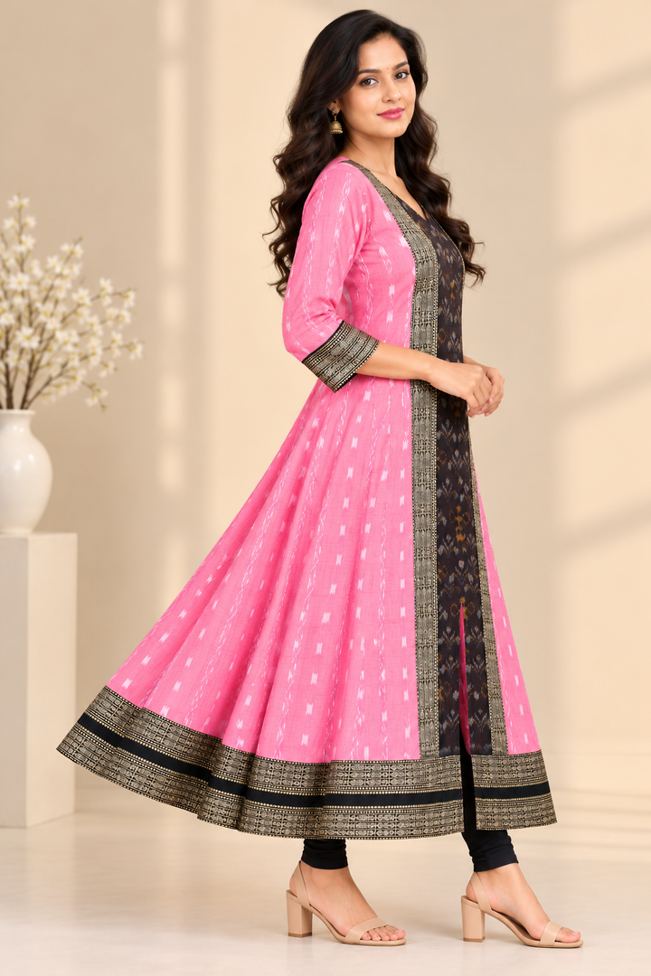 Women’s Pink Sambalpuri Ikat Flared Anarkali Kurti with Black Gold Border