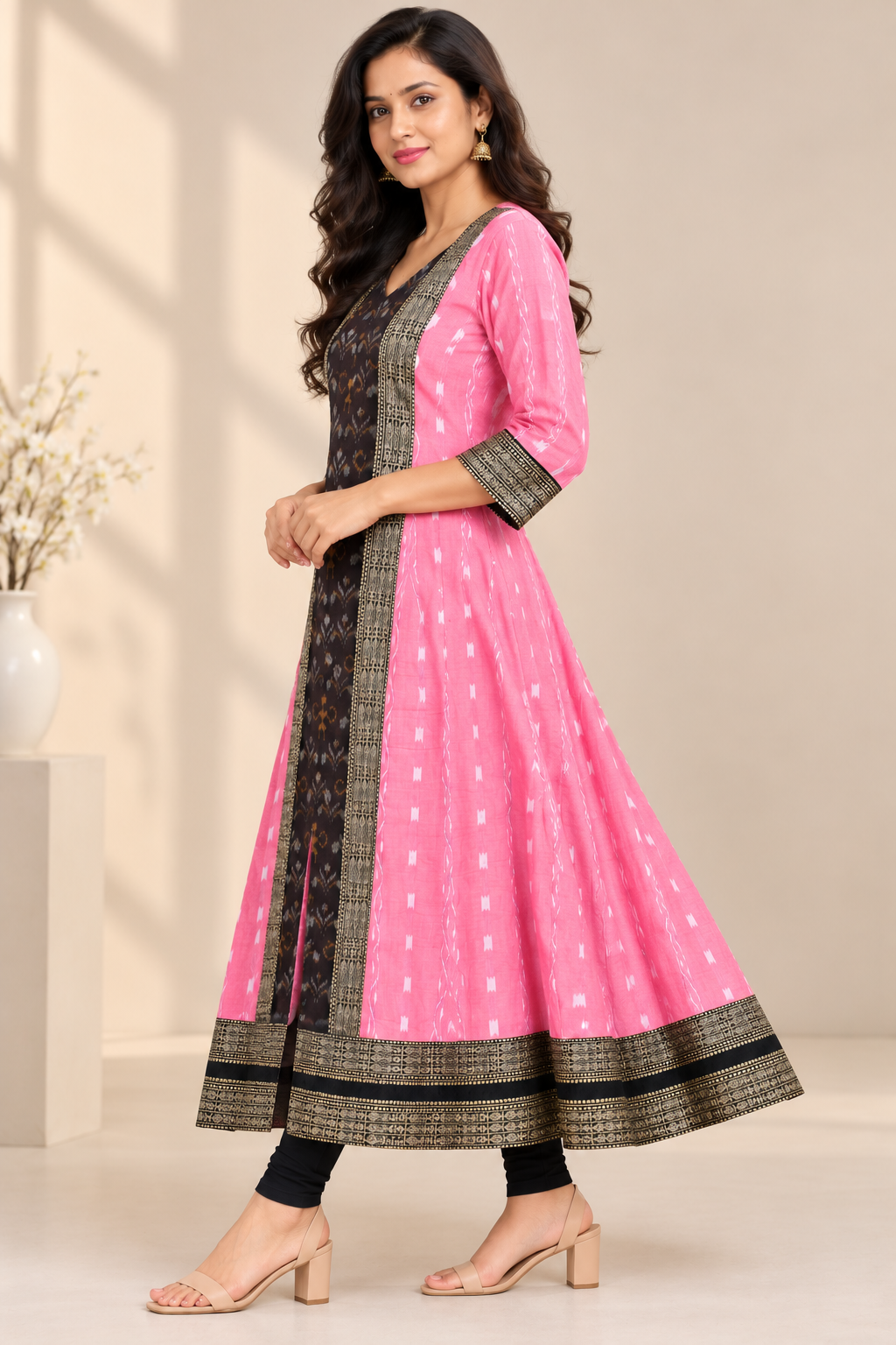 Women’s Pink Sambalpuri Ikat Flared Anarkali Kurti with Black Gold Border