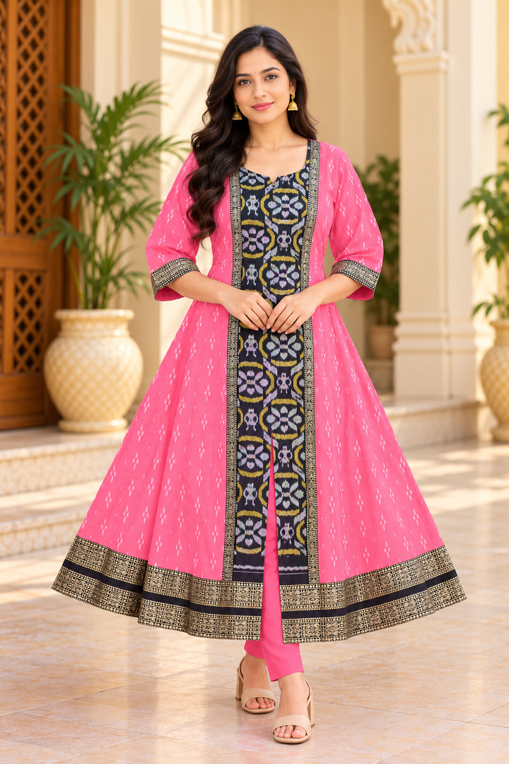 Women’s Pink Sambalpuri Ikat Anarkali Kurti with Black and Gold Traditional Border