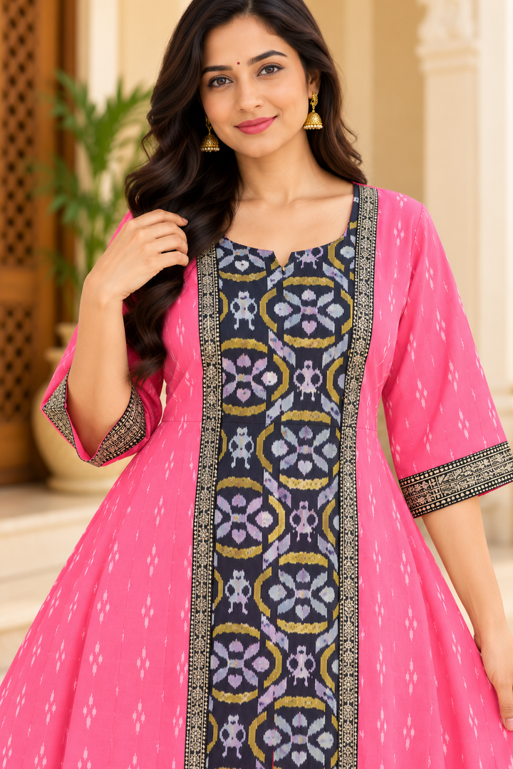 Women’s Pink Sambalpuri Ikat Anarkali Kurti with Black and Gold Traditional Border