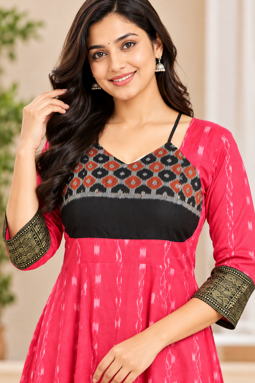 Women’s Pink Sambalpuri Ikat Anarkali Kurti with Black and Antique Gold Border