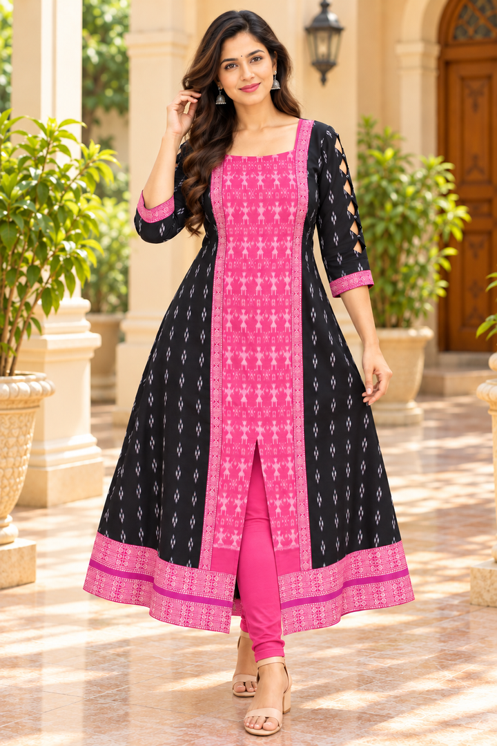 Women’s Black &amp; Fuchsia Pink Sambalpuri-Inspired Designer Anarkali