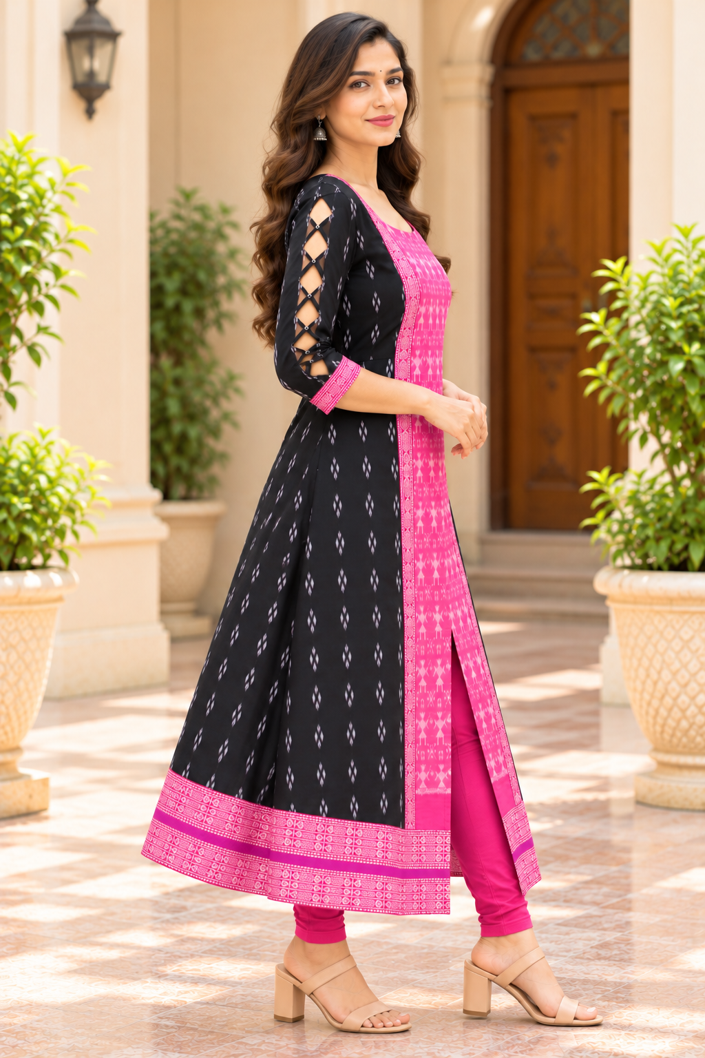 Women’s Black &amp; Fuchsia Pink Sambalpuri-Inspired Designer Anarkali