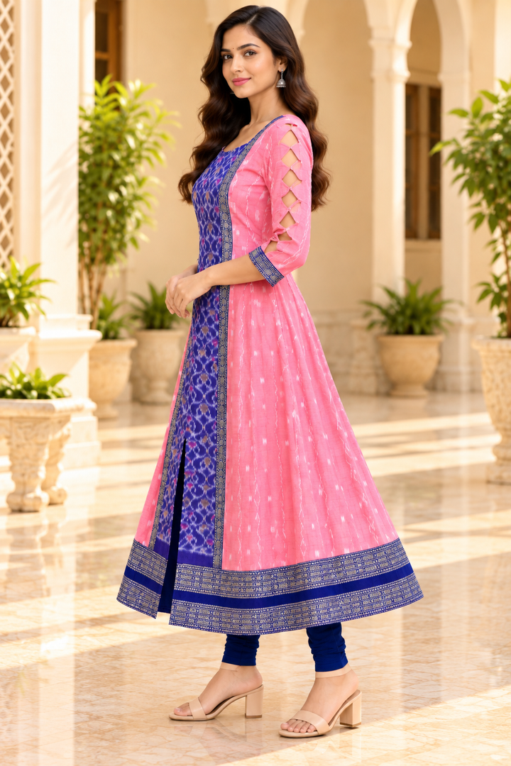 Women’s Pink Sambalpuri Ikat-Inspired Flared Anarkali with Royal Blue Border