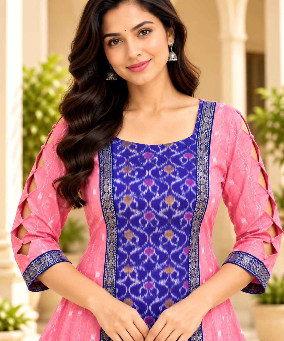 Women’s Pink Sambalpuri Ikat-Inspired Flared Anarkali with Royal Blue Border