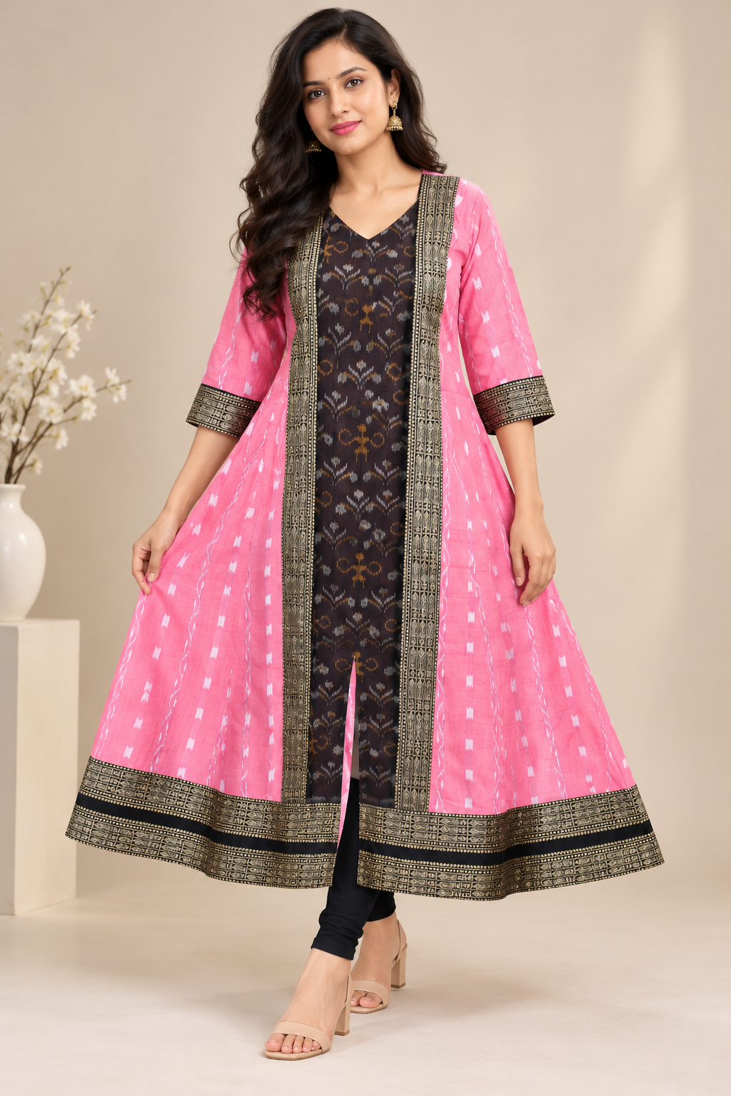 Women’s Pink Sambalpuri Ikat Flared Anarkali Kurti with Black Gold Border
