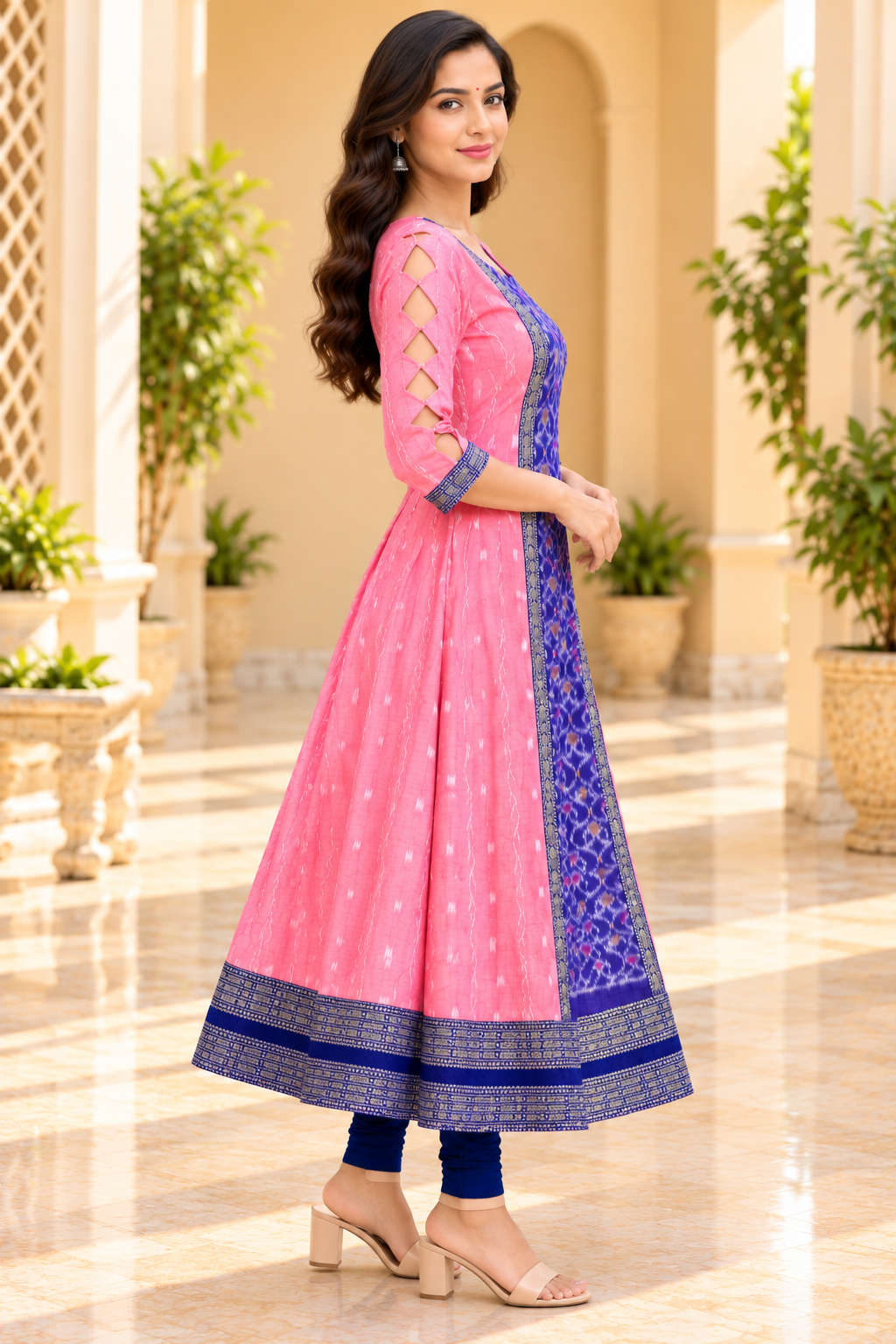 Women’s Pink Sambalpuri Ikat-Inspired Flared Anarkali with Royal Blue Border
