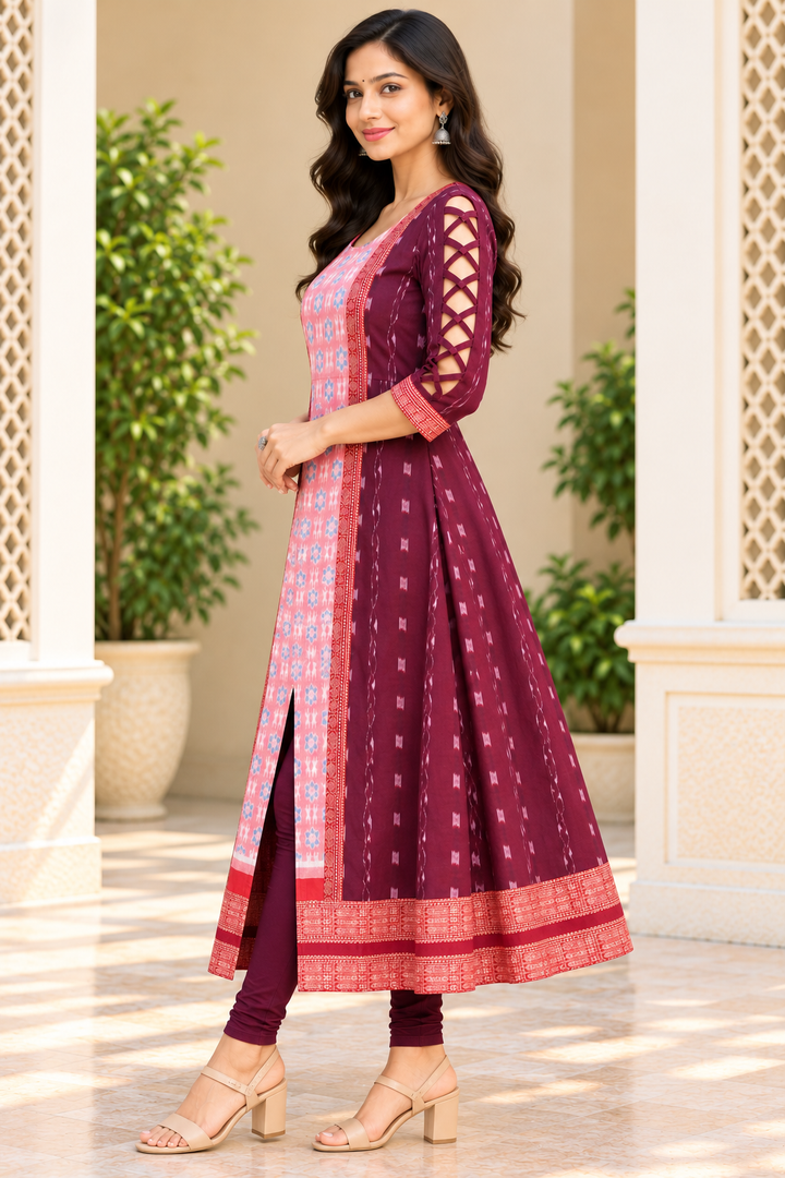 Women’s Plum Purple &amp; Peach Pink Sambalpuri-Inspired Designer Anarkali Kurti
