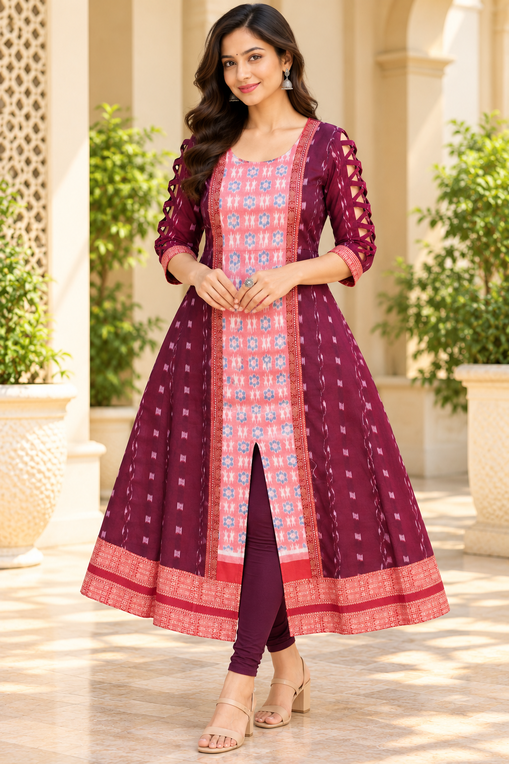 Women’s Plum Purple &amp; Peach Pink Sambalpuri-Inspired Designer Anarkali Kurti