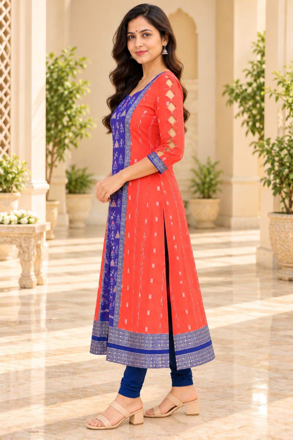 Women’s Coral Red & Royal Blue Sambalpuri-Inspired Designer Anarkali Kurti