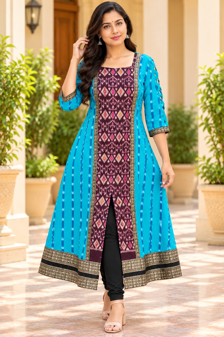 Women’s Turquoise Blue &amp; Maroon Sambalpuri-Inspired Designer Anarkali
