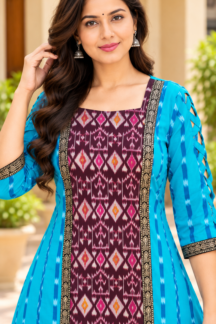 Women’s Turquoise Blue & Maroon Sambalpuri Ikat-Inspired Flared Anarkali with Black-Gold Traditional Border
